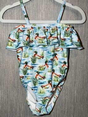 Velvet Fawn - Girls Duck Print Ruffle One-Piece Swimsuit